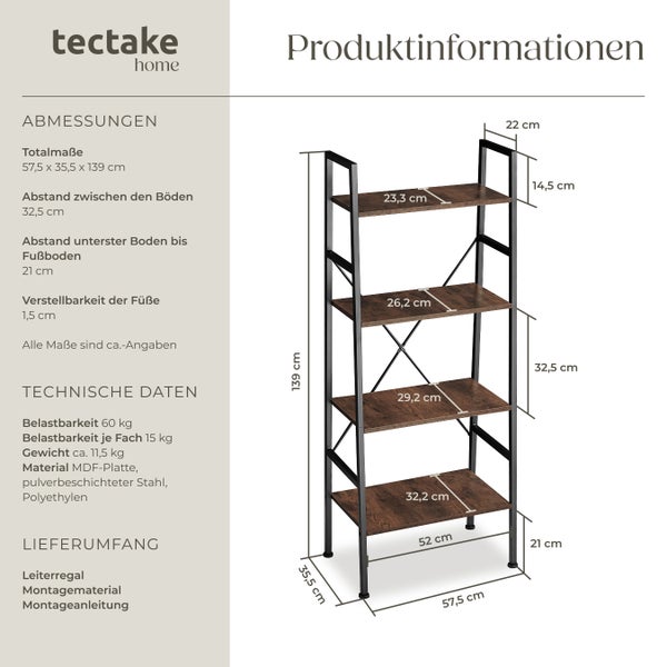Leiterregal tectake Newcastle inklusive Kippschutz, 57,5 x 35,5 x 139 cm Industrial Style Industrial Holz dunkel, rustikal