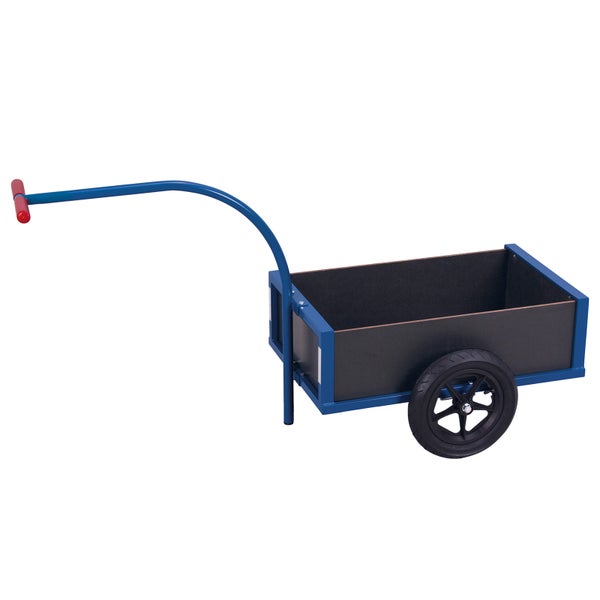 Bollerwagen mit blauem Metallrahmen, dunklen Holzwänden, großen schwarzen Rädern und einem gebogenen Griff mit rotem Handstück.