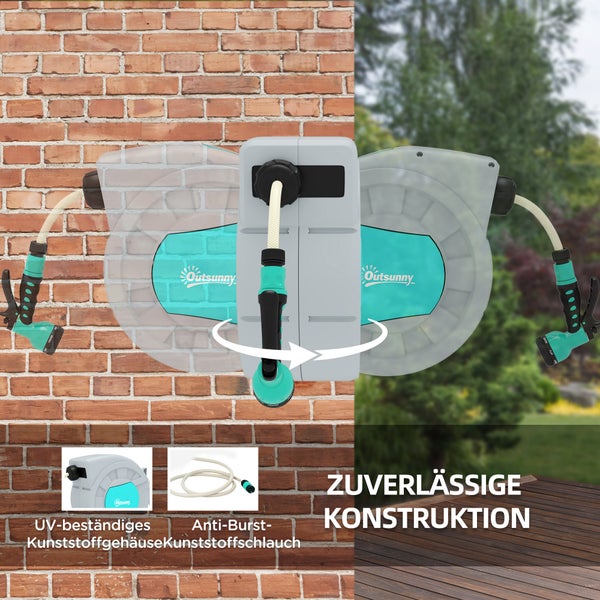 Outsunny Schlauchtrommel mit Gartenschlauch 20m, 180° schwenkbar Schlauchbox, Schlauchaufroller zur Wandmontage, Wasserschlauchaufroller mit automatische Aufrollung, 7-Funktionen Handbrause, Grau