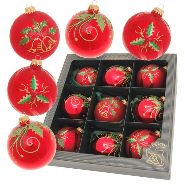 Glaskugelsortiment Glocken & Weihnachtsstern Rot Satin/Glanz, 9-teilig, 8cm, 9 Stck., Weihnachtsbaumkugeln, Christbaumschmuck, Weihnachtsbaumanhänger