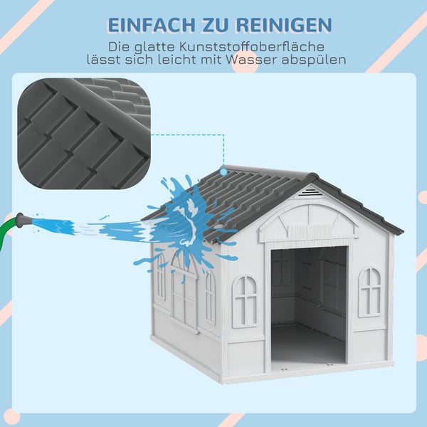 PawHut Hundehütte, Hundehaus mit Satteldach, wetterfest Kleintierhaus für mittelgroße Hunde unter 20 kg, Hundehütte Outdoor, 65 x 75,7 x 63 cm, Grau