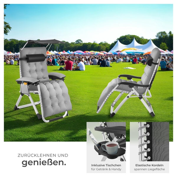 Sonnenliege tectake Cloud II mit Ablagetisch und Stautasche klappbar, flexible Rückenlehne und Fußablage hellgrau