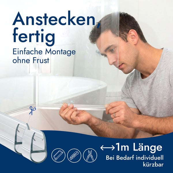 Ein Mann montiert eine Duschdichtung an eine Glastür. Die Dichtung hat eine Länge von einem Meter und ist individuell kürzbar.