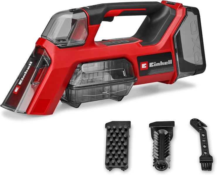 Einhell Akku-Polsterreiniger mit Einhell Logo, inklusive drei verschiedener Bürstenaufsätze für die Reinigung von Textilien und Polstern.
