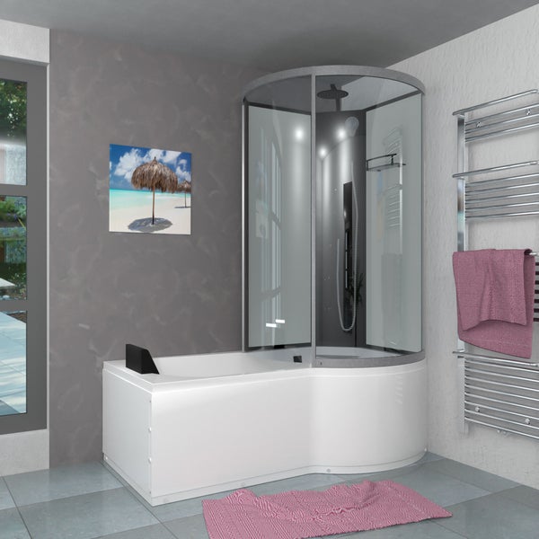 Moderne Badewannen-Dusch-Kombination mit einer gebogenen Glasduschkabine und einer weißen Acrylbadewanne in einem Badezimmer.