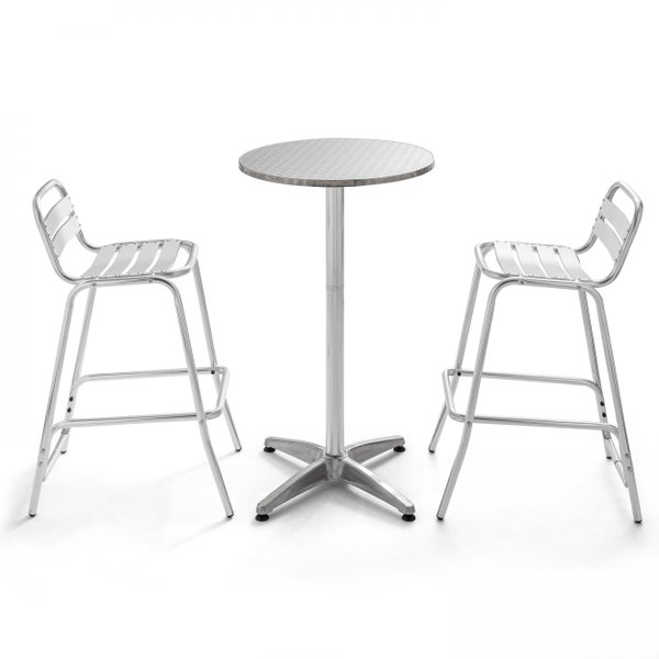 Bistro-Set aus Aluminium, bestehend aus einem runden Bartisch und zwei Barhockern mit Lamellensitz.