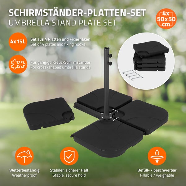 Schirmständer-Platten-Set, 4er-Set aus Kunststoff, 50 mal 50 cm, befüllbar mit 15 Litern, für Kreuz-Schirmständer, wetterbeständig und stabil.