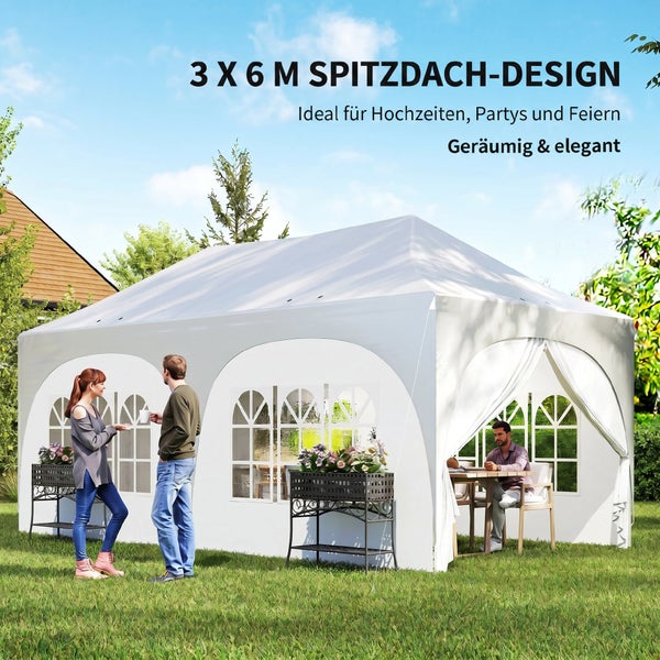 Weißes Partyzelt 3 mal 6 Meter mit Spitzdach, Seitenwänden und Rundbogenfenstern auf einer Rasenfläche.