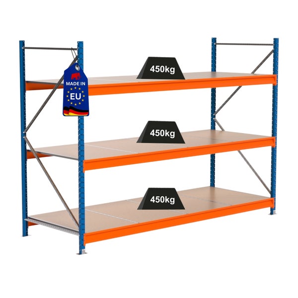 Lagerregal mit drei Ebenen und einer Traglast von 450 Kilogramm pro Ebene sowie Made in EU Siegel