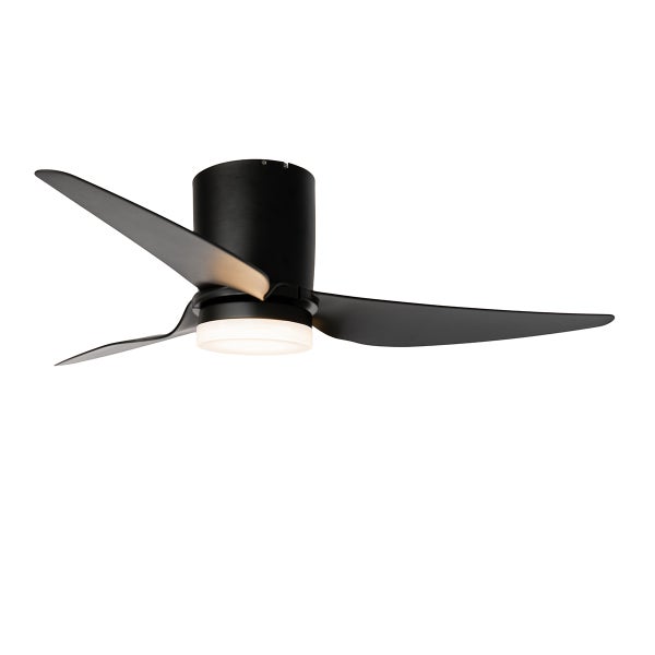 Schwarzer Deckenventilator mit drei Flügeln und integrierter runder LED-Beleuchtung.
