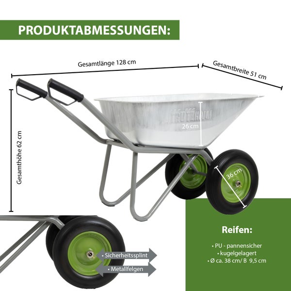 Zweiradschubkarre mit Abmessungen: Länge 128, Breite 51, Höhe 62 Zentimeter. Verzinkte Mulde, kugelgelagerte und pannensichere Polyurethan-Reifen.