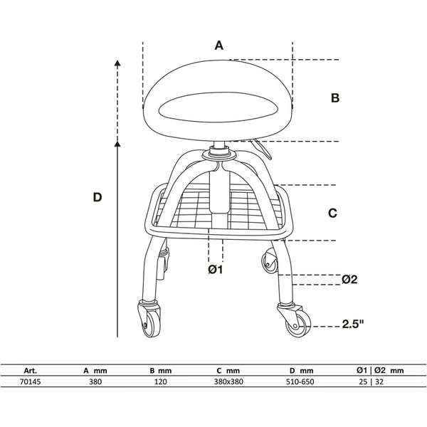 Technische Zeichnung eines Rollhockers mit Maßangaben