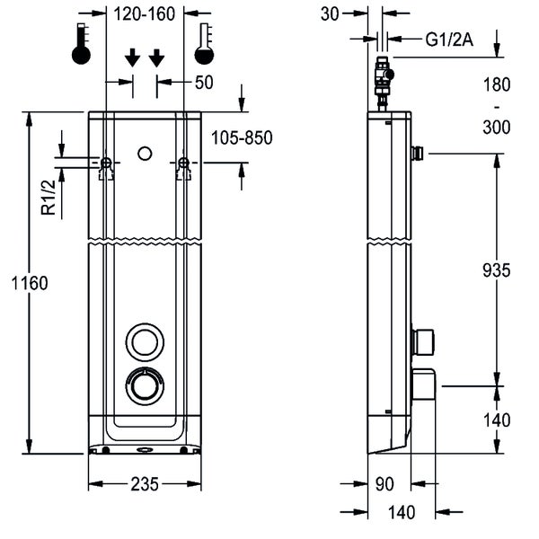 Technische Zeichnung eines Duschpaneels mit Vorder- und Seitenansicht sowie detaillierten Maßangaben in Millimetern.