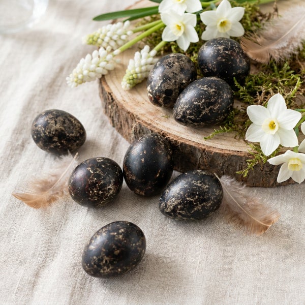 Osterdekoration mit gesprenkelten Ostereiern auf einer Baumscheibe, verziert mit weißen Narzissen, Muscari und Federn auf einer Tischdecke.