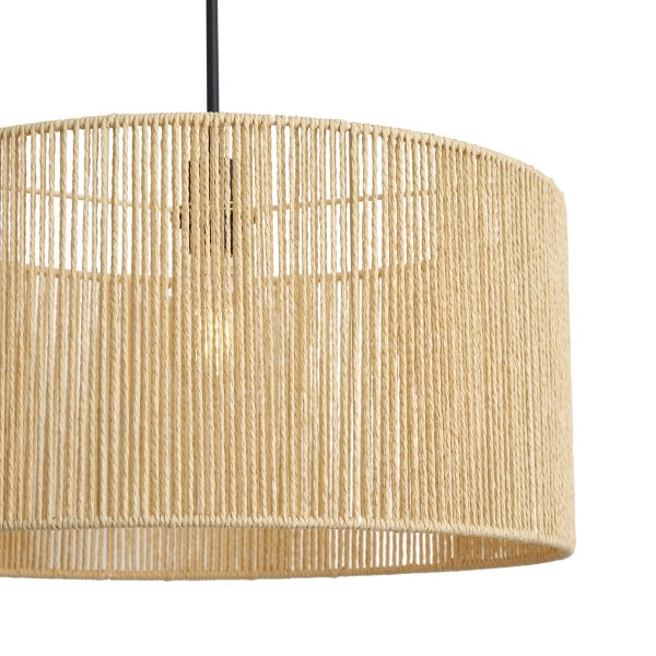 Moderne Pendelleuchte mit zylindrischem Lampenschirm aus gewickeltem Seilmaterial.