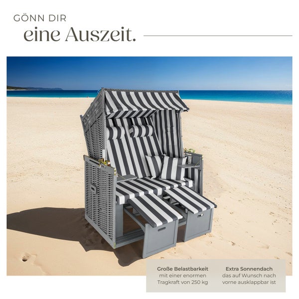 Strandkorb tectake Sylt 115 x 158 x 78 cm gepolstert mit ausziehbaren Fußbänkchen grau/weiß