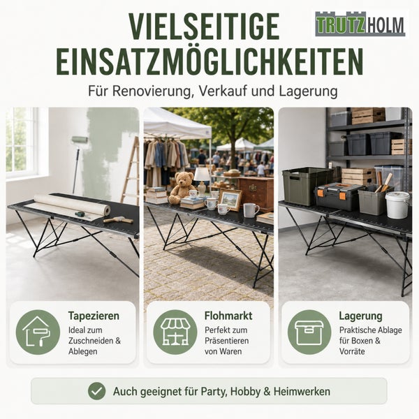Trutzholm Tapeziertisch Einsatzbeispiele für Renovierung, Flohmarkt und Lagerung inklusive Anwendungsdarstellung.