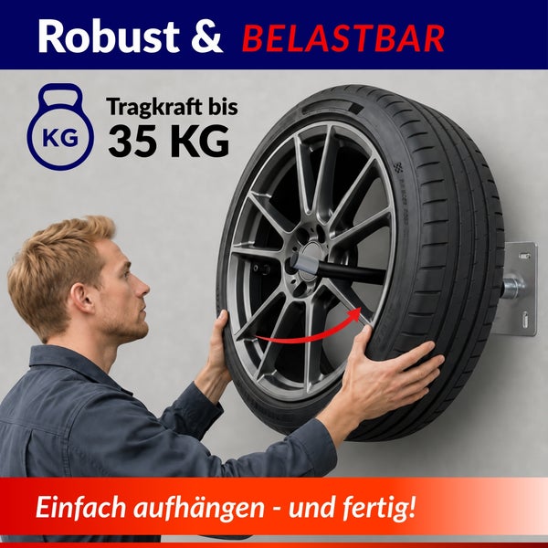 Ein Mann montiert ein Autorad an einem stabilen Wandhalter mit einer Tragkraft von 35 Kilogramm.
