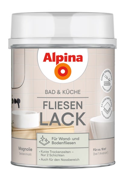 Alpina Bad und Küche Fliesenlack seidenmatt in Magnolie für Wand- und Bodenfliesen ohne Grundierung für circa 10 Quadratmeter.