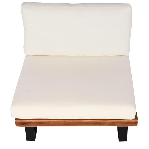 Modulares Lounge-Sesselelement mit Holzgestell, schwarzen Beinen und weißen Sitz- und Rückenkissen.