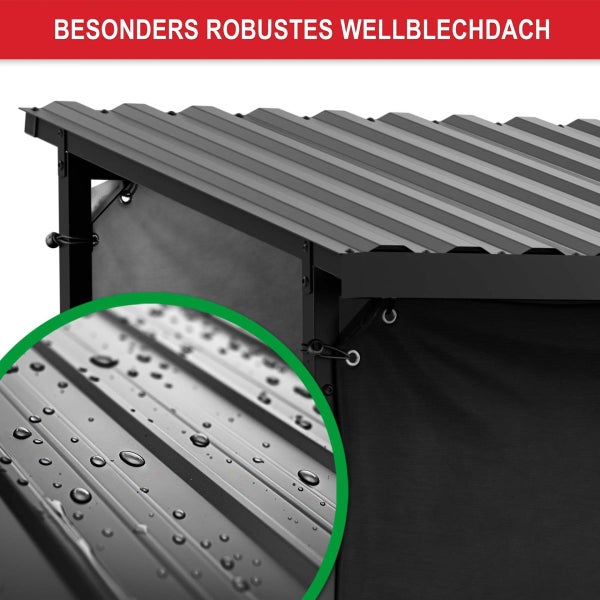 Robustes Wellblechdach einer Gartenaufbewahrung mit Detailansicht der wasserabweisenden Oberfläche.