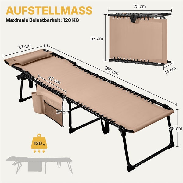 Abmessungen und maximale Belastbarkeit einer schwarzen Sonnenliege