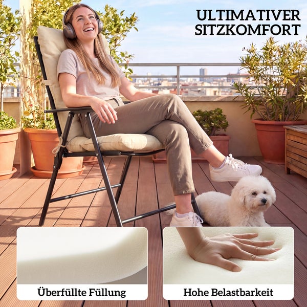 Frau auf Gartenstuhl mit dicker Hochlehner-Auflage auf Balkon. Detailbilder zeigen die füllige Schaumstoff-Polsterung und hohe Belastbarkeit.