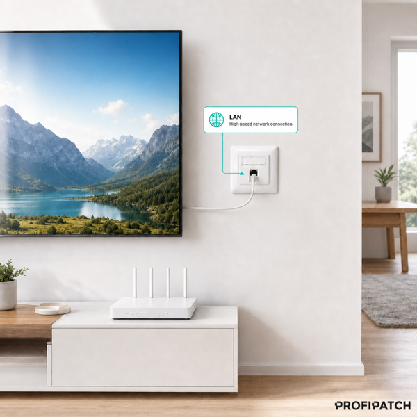 Netzwerkdose an einer weißen Wand, verbunden mit einem Fernseher, darunter ein WLAN-Router auf einem weißen Sideboard.