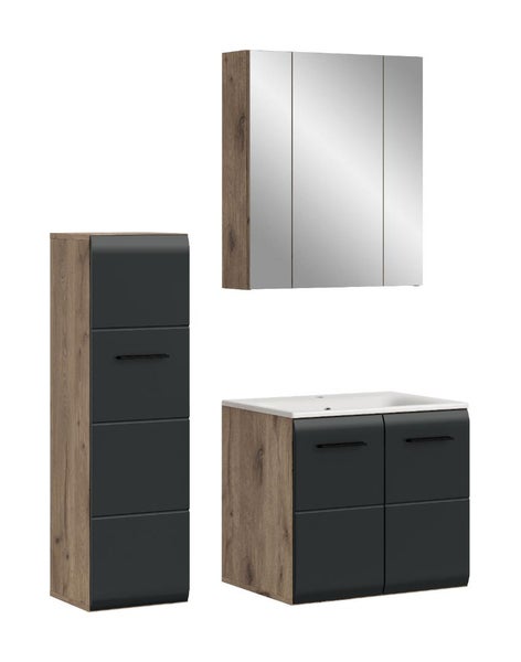 Badezimmermöbel-Set in Holzoptik und Anthrazit bestehend aus Hochschrank, Waschbeckenunterschrank mit Keramikbecken und Spiegelschrank.
