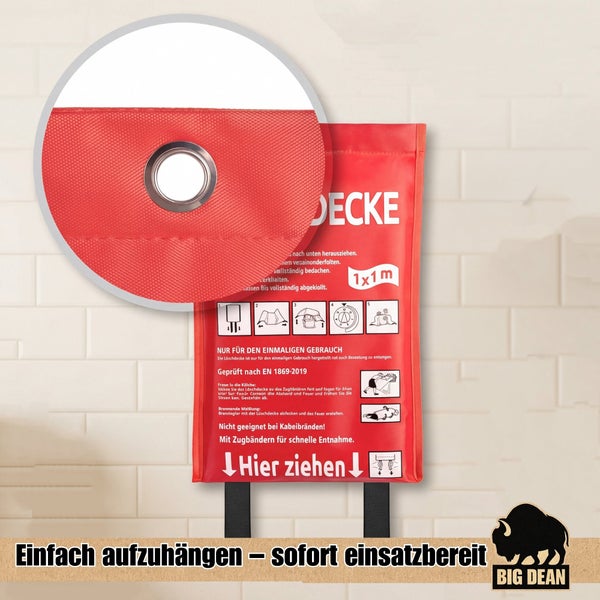 Feuerlöschdecke 1 x 1 Meter mit Öse und Gebrauchsanleitung für den Notfall