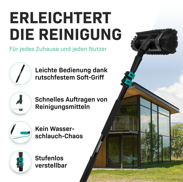 VONROC Teleskop Waschbürste mit Teleskopstiel 1,8m - Ausziehbar Teleskopstangen Reinigung für Fenster, Auto, Solaranlage - inkl. Bürste, Schlauch, Seifenspender
