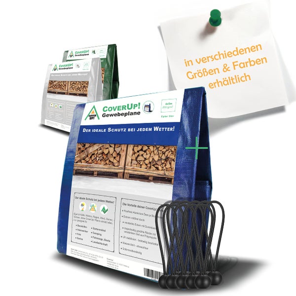 Detailansicht der Gewebeplane mit rostfreien Aluminiumösen im Abstand von 50 Zentimetern und CoverUP! Logo.