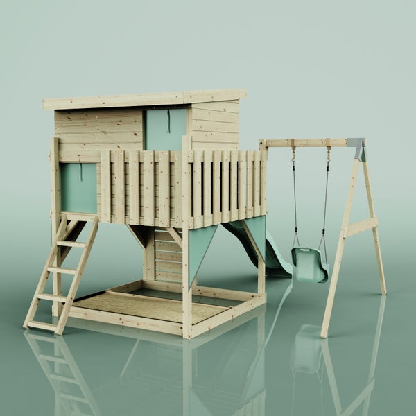 Spielturm aus Holz mit Spielhaus, Rutsche, Schaukel und Sandkasten in Natur und Mintgrün.