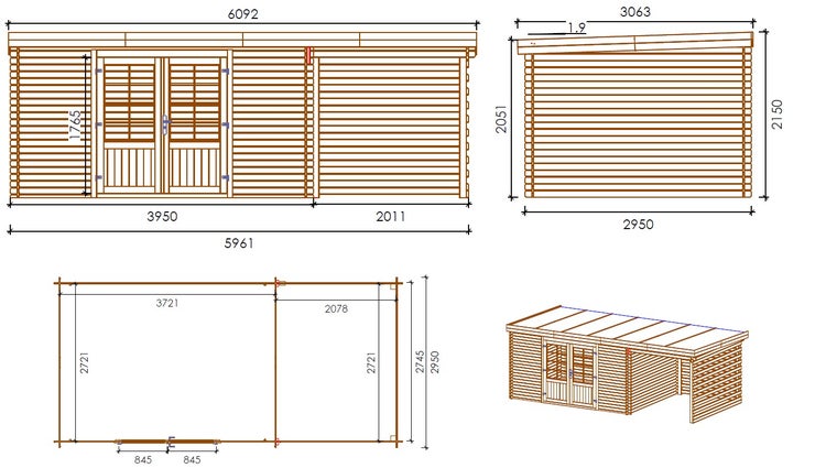 Gartenhaus, Gerätehaus 18m2 - 5,96x2,95m - 24mm - Imprägniert