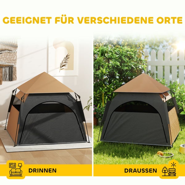 PawHut Haustierzelt, Hundezelt, Katzenhaus im Freien, Hundehaus mit Meshfenster, Hunde Tipi Zelt mit Tragetasche, Sonnendach für Hinterhof, Wohnzimmer, Dunkelbraun
