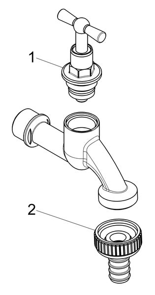 Explosionszeichnung eines Auslaufventils mit T-Griff und Schlauchanschluss.