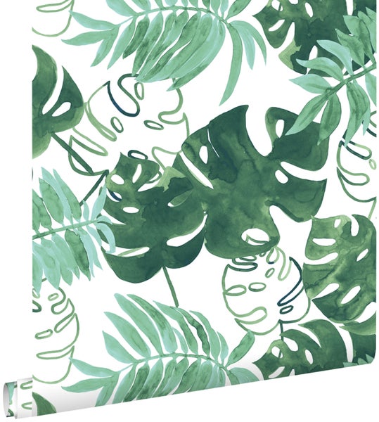 ESTAhome Tapete gemalte, tropische Dschungelblätter Smaragdgrün - 53 cm x 10,05 m - 138886