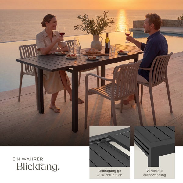 Modernes Gartenmöbel-Set mit Aluminiumtisch und Stühlen auf Terrasse mit Personen. Detailbilder zeigen Ausziehfunktion und verdeckte Aufbewahrung.