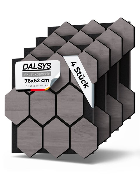 DALSYS Akustikpaneele 76 mal 62 Zentimeter, 4 Stück, sechseckiges Design in Holzoptik auf schwarzem Vlies, deutsche Marke.