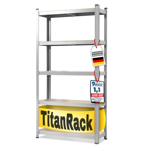 Verzinktes Schwerlastregal mit fünf Holzböden. TitanRack Logo, Hinweis auf deutsches Unternehmen und Testurteil sehr gut von Warentest Online.