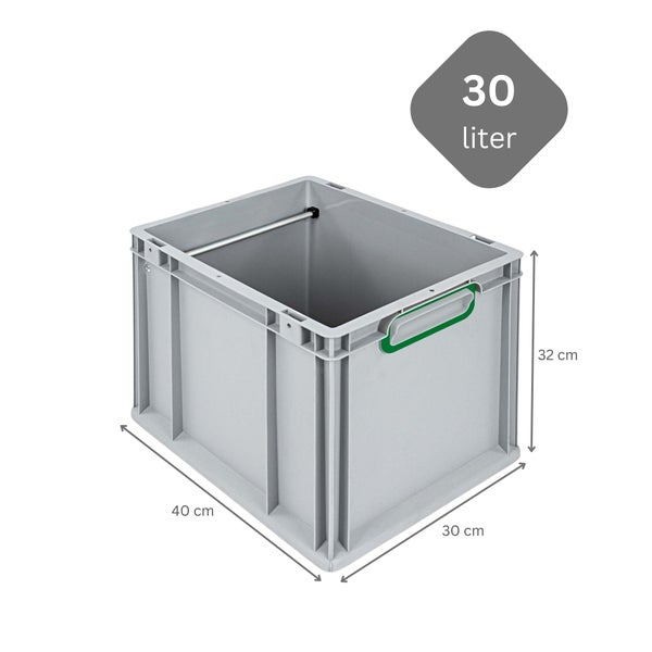Graue 30-Liter-Lagerbox mit den Maßen 40 cm x 30 cm x 32 cm.