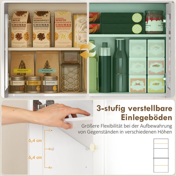 Weißer Schrankinnenraum mit drei verstellbaren Einlegeböden auf verschiedenen Ebenen im Abstand von 6,4 Zentimetern für flexible Aufbewahrung.