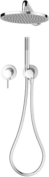 Unterputz-Duschsystem in Chrom mit runder Regendusche, zylindrischer Handbrause, Brauseschlauch und Einhebelmischer.