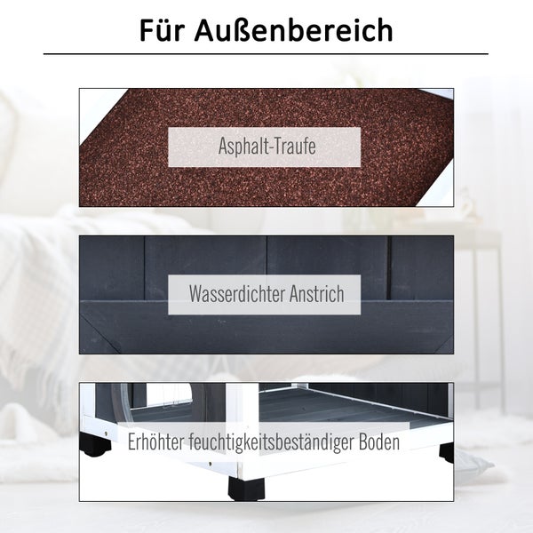 Detailansicht eines Produkts für den Außenbereich mit Asphaltdach, wasserdichtem Anstrich und erhöhtem, feuchtigkeitsbeständigem Boden