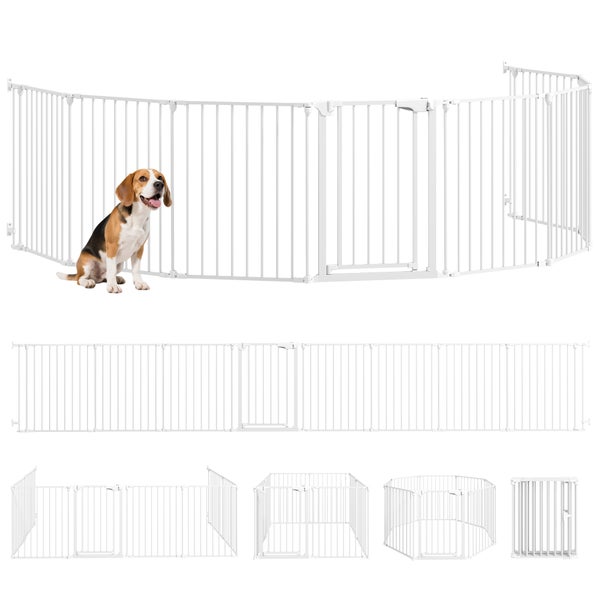Modulares Absperrgitter aus Metall für Hunde, inklusive Tür, verschiedene Konfigurationen als Raumteiler oder Laufstall möglich.
