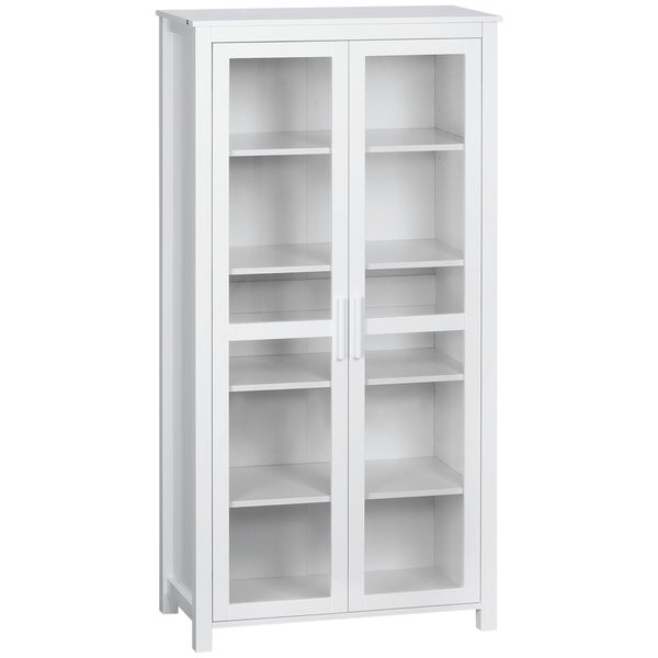 HOMCOM Küchenschrank Hochschrank Küchenbuffet mit 2 Glastüren Esszimmerschrank Vitrinenschrank mit 2 verstellbaren Innenböden Kippschutz Spanplatte Weiß 80 x 39,5 x 160 cm