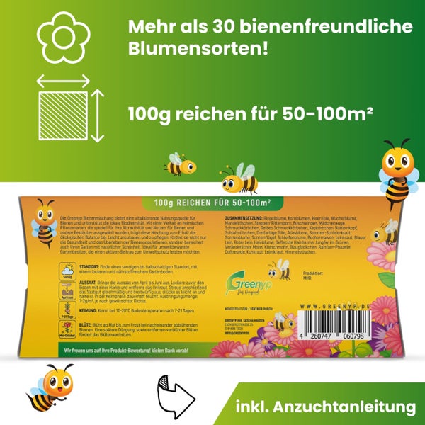 Greenyp Bienenwiese Blumenmischung I 100g für 100m² I Bienenweide - Bienen & Hummelmagnet I bienenfreundliche Blumensamen Mischung ein- und mehrjährig