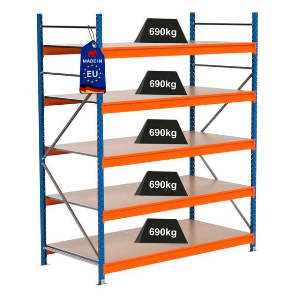 Lagerregal mit fünf Ebenen und einer Traglast von 690 Kilogramm pro Ebene, Hergestellt in der EU Kennzeichen