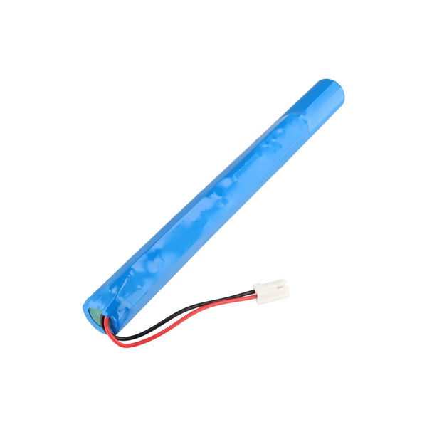 Blauer zylindrischer Akkupack mit rotem und schwarzem Anschlusskabel und weißem Stecker.