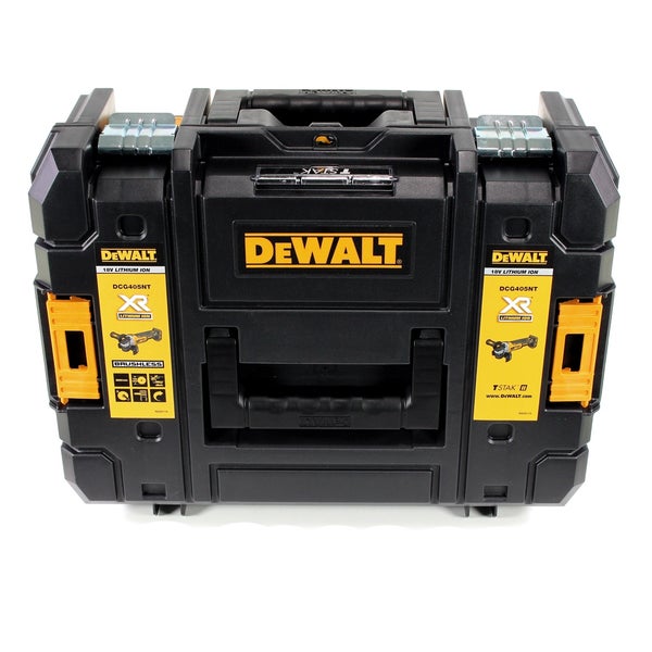 Robuster DeWalt TSTAK Werkzeugkoffer für den Winkelschleifer DCG405NT mit Tragegriff und Metallverschlüssen.